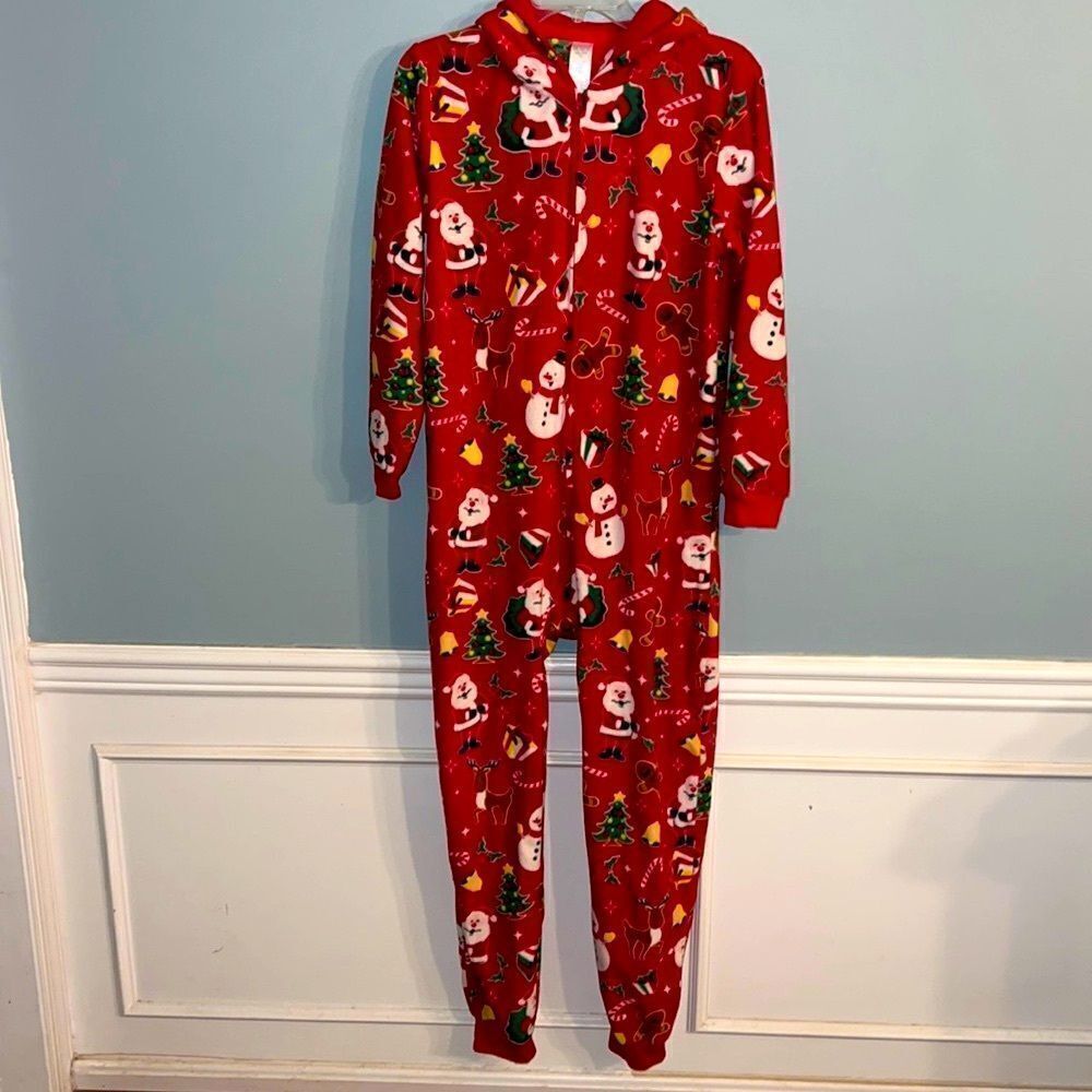 Girl”s size 16 Christmas holiday one piece hoodie cozy comfy pajamas